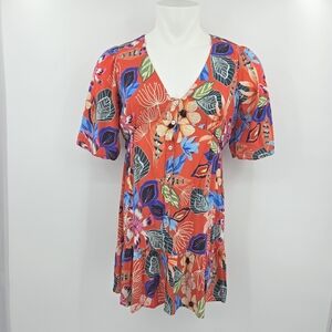 Espirit EDC Dress Size Large Orange Green Floral Print Tropical Boho Lightweight